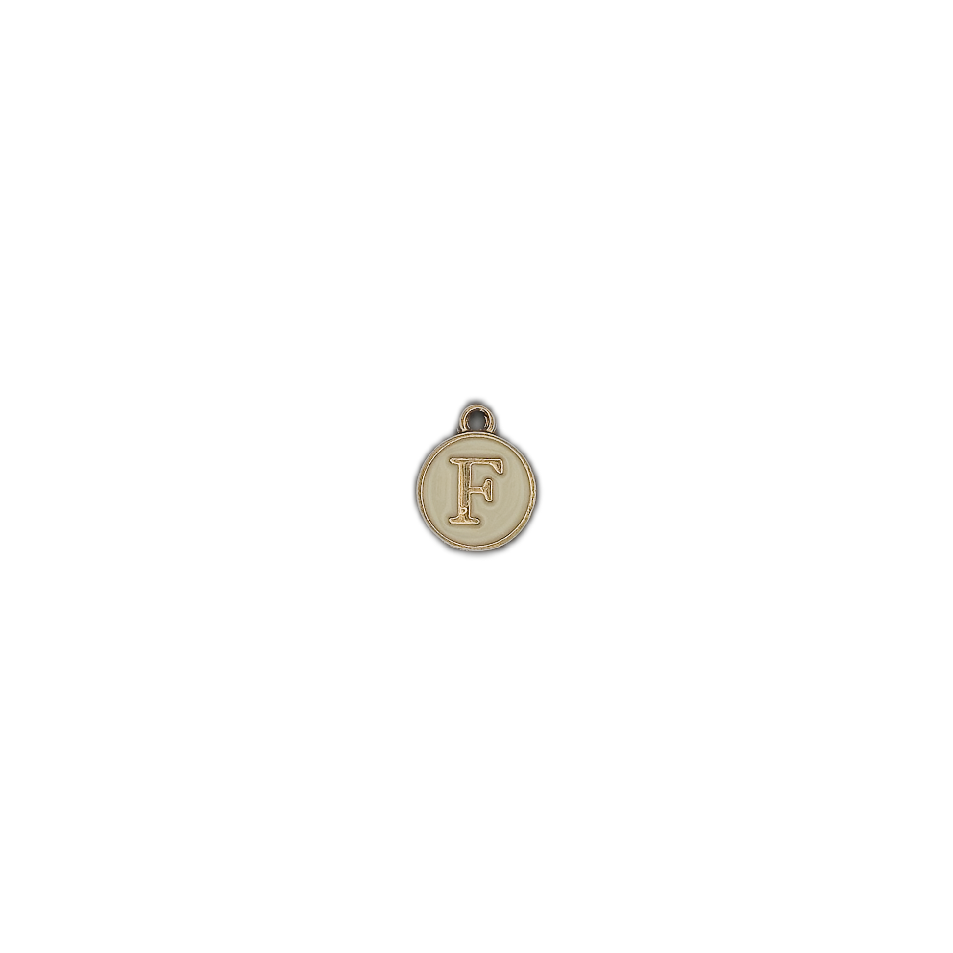 Small round gold and ivory letter F charm on black background.
