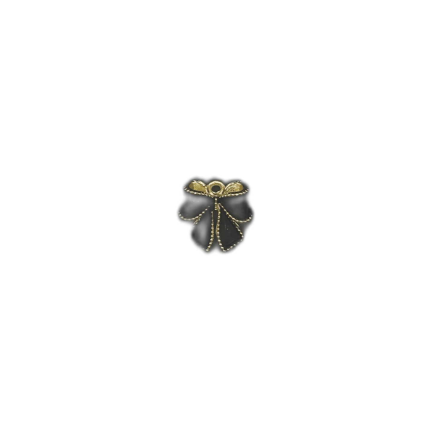 small black and gold bow charm centered on a black background
