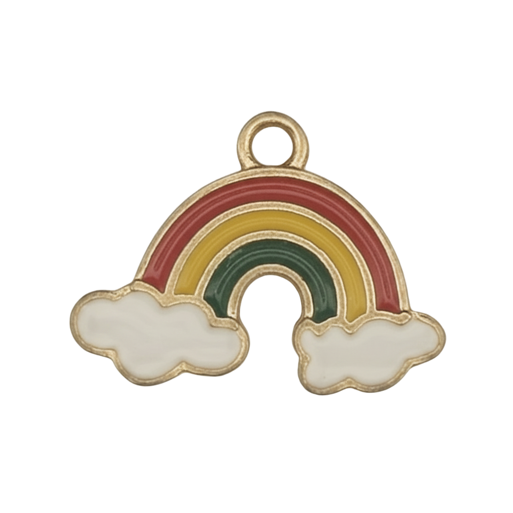 close-up of gold-tone enamel rainbow charm with white clouds on a black background