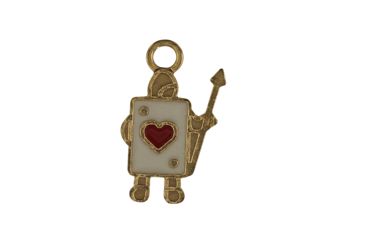 gold-tone playing card figure charm with red heart and spear on black background