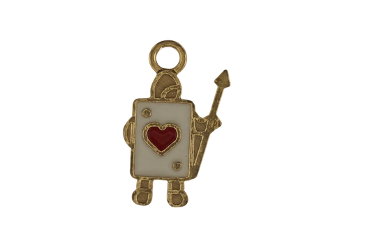 gold-tone playing card figure charm with red heart and spear on black background