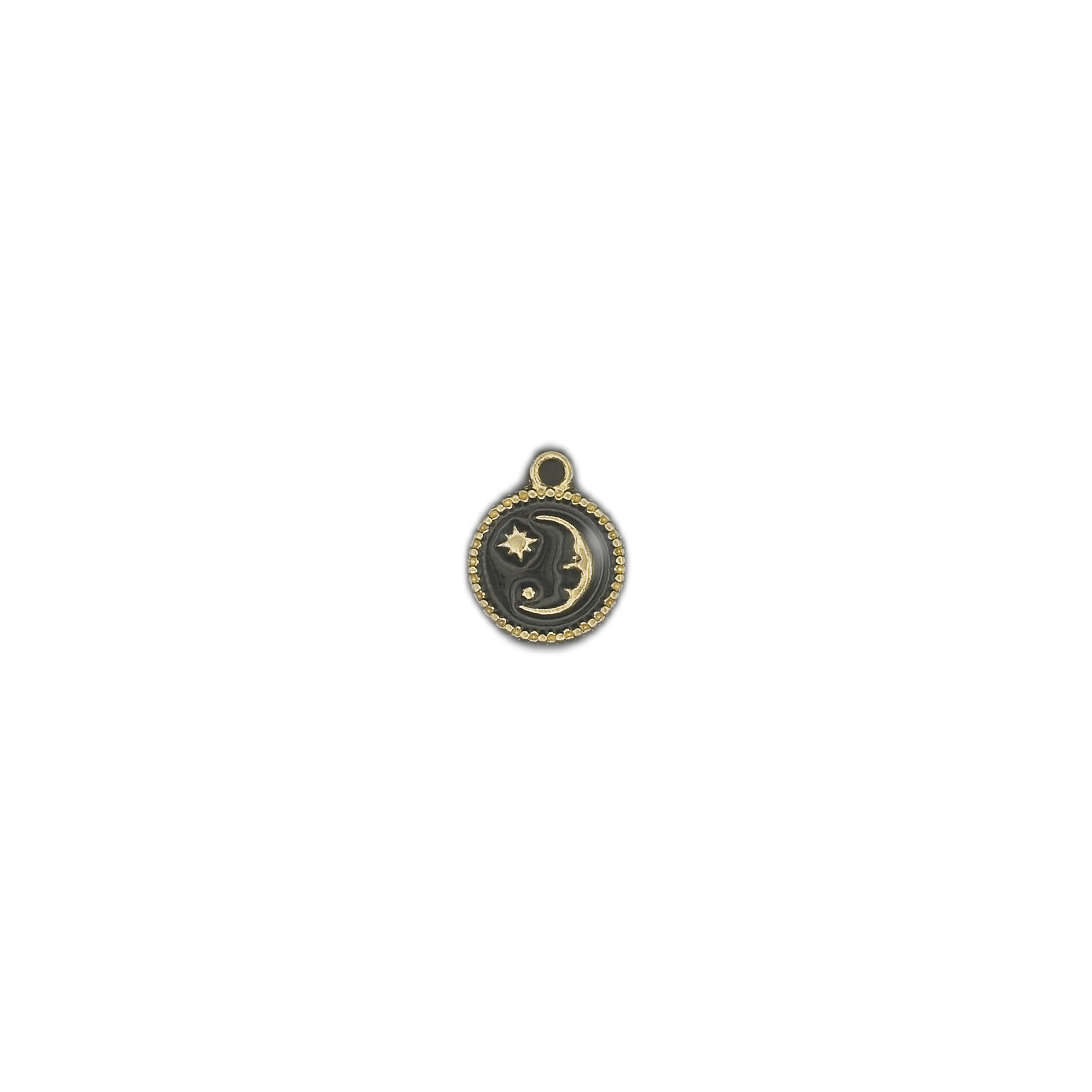 small round moon and stars charm centered on black background