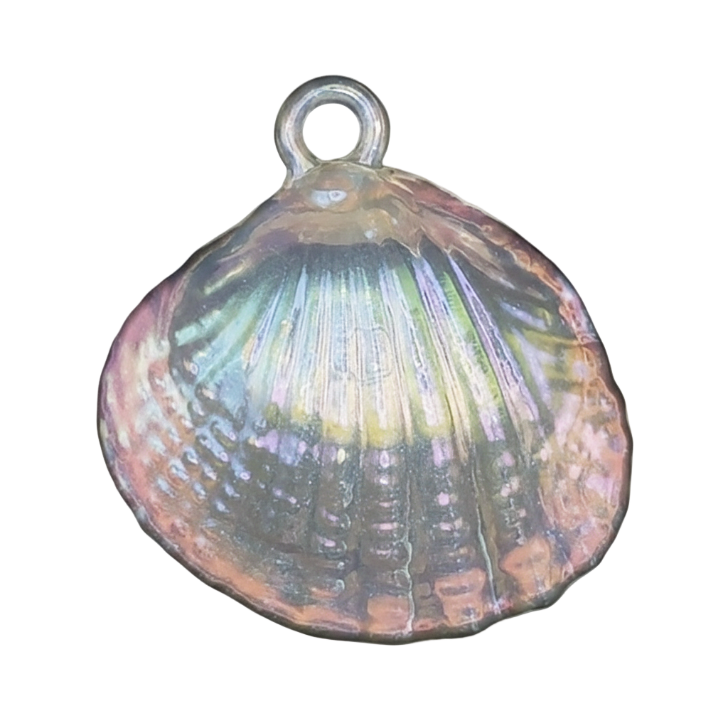 Close-up of an iridescent seashell charm on a black background.