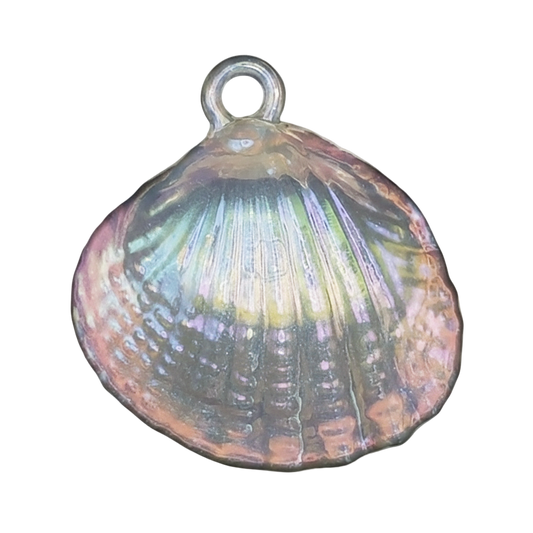 Close-up of an iridescent seashell charm on a black background.