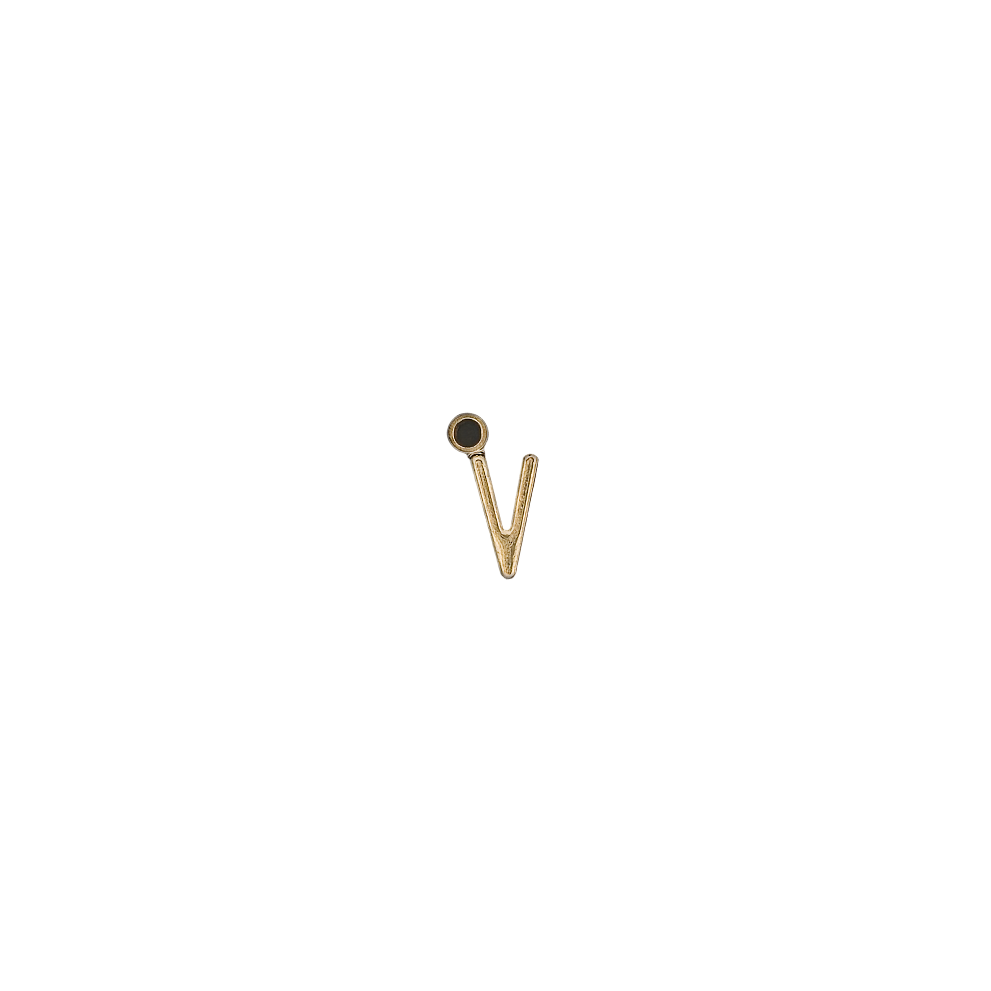 small gold-tone lowercase v charm on black background