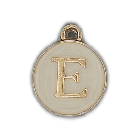 Close-up of round gold-tone and ivory letter E charm