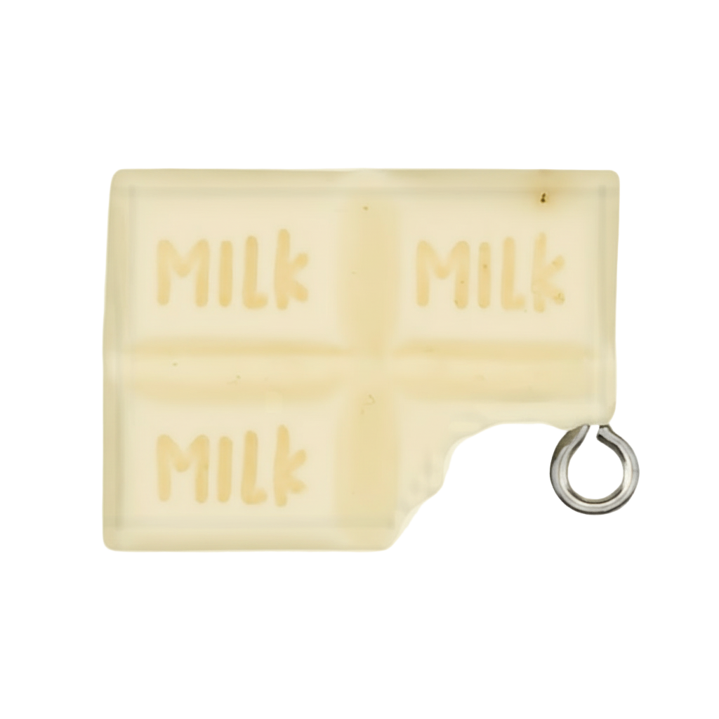 cream white chocolate bar charm with a bite and MILK text on each square