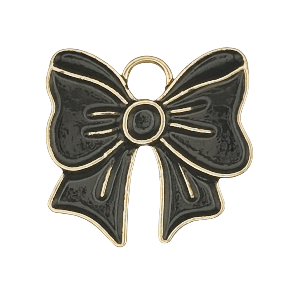 black bow charm with gold outline on black background
