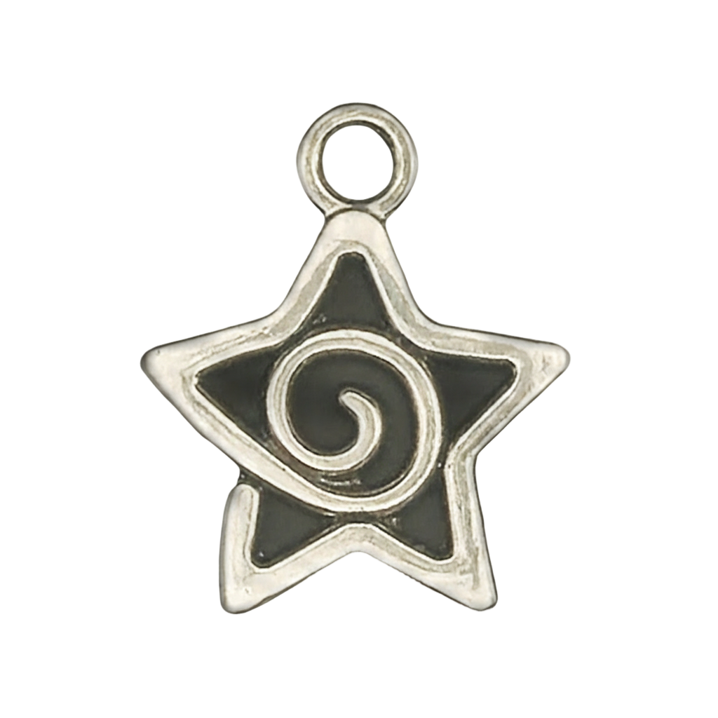 close-up of silver-tone star charm with spiral center on black background
