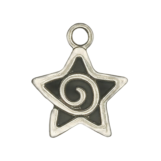 close-up of silver-tone star charm with spiral center on black background