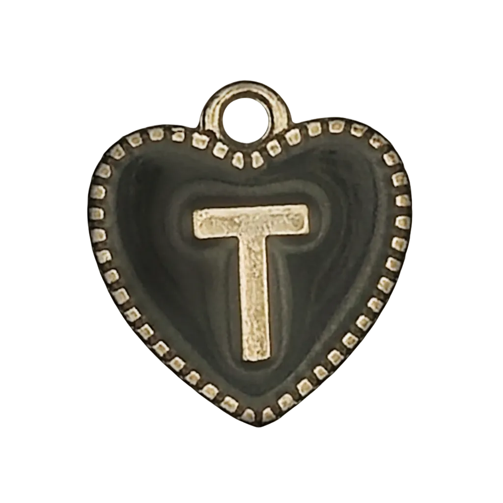 black heart charm with raised gold letter T and dotted border