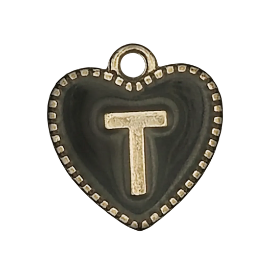 black heart charm with raised gold letter T and dotted border