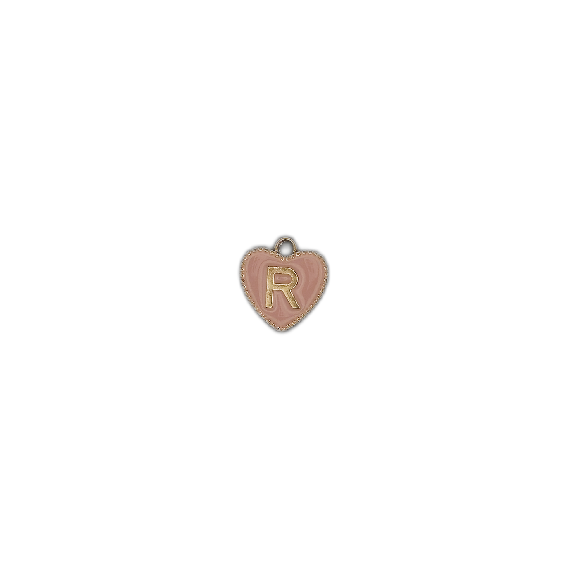 small pink heart charm with gold letter R on black background
