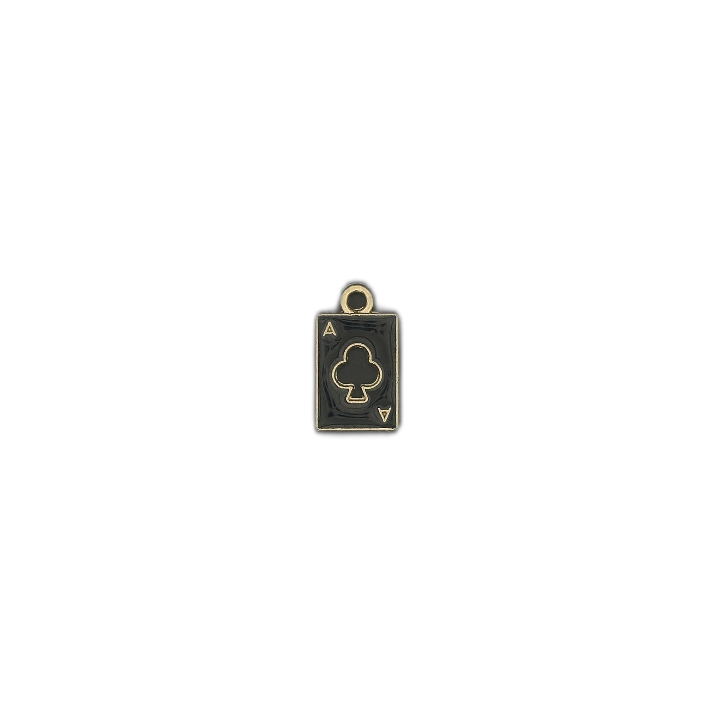 small black and gold ace of clubs card charm on black background