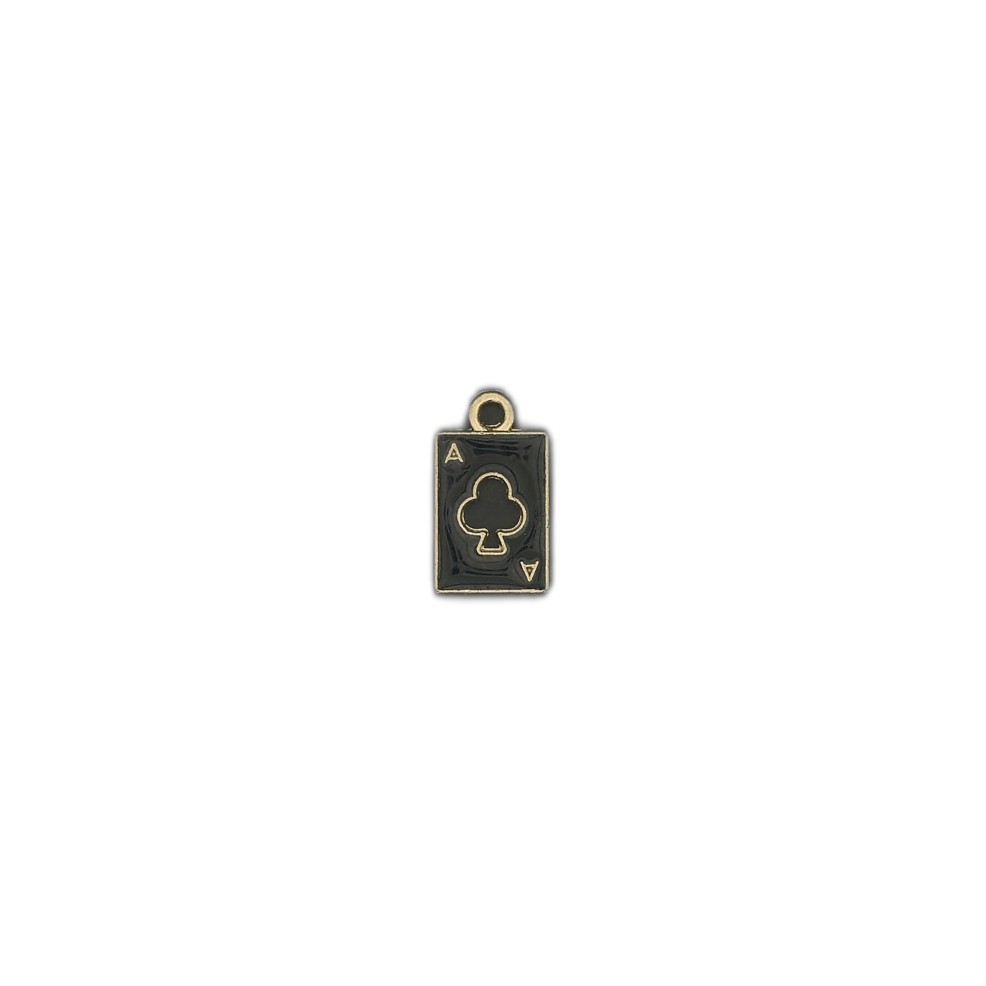 small black and gold ace of clubs card charm on black background