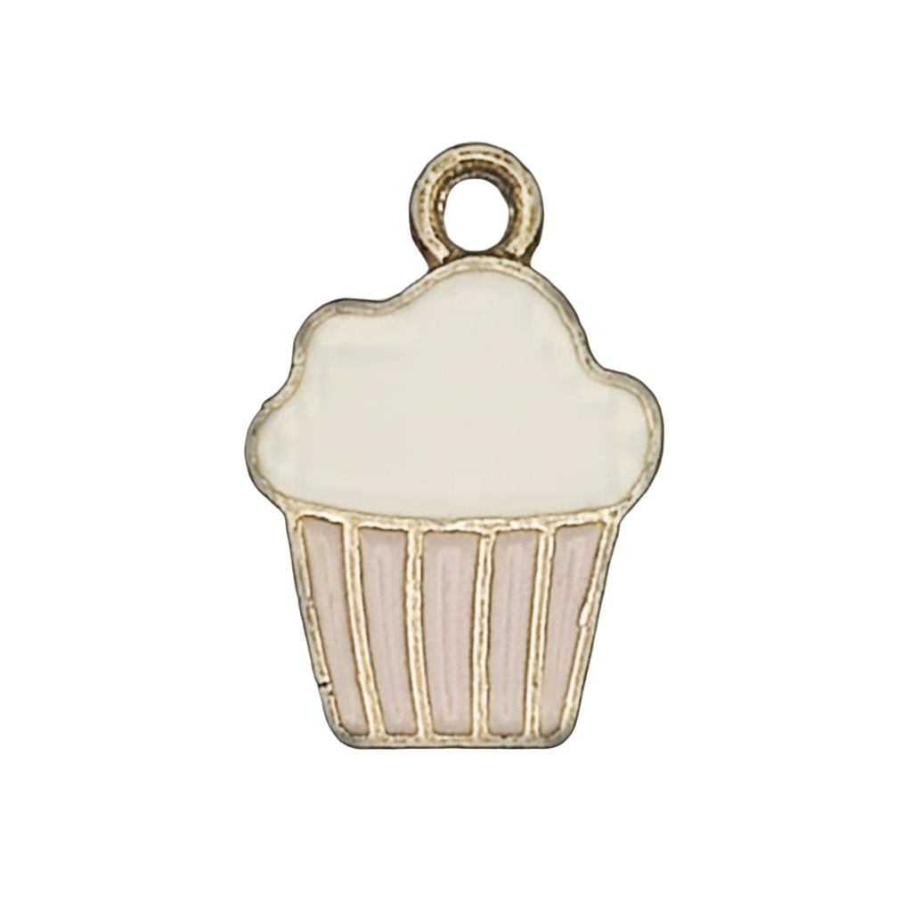 close-up of cupcake charm with white frosting and light pink wrapper outlined in gold