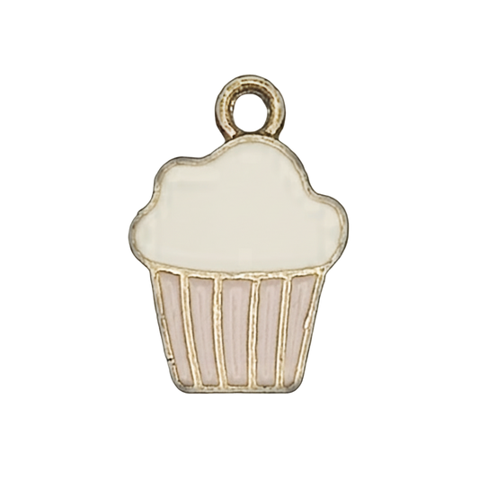 close-up of cupcake charm with white frosting and light pink wrapper outlined in gold