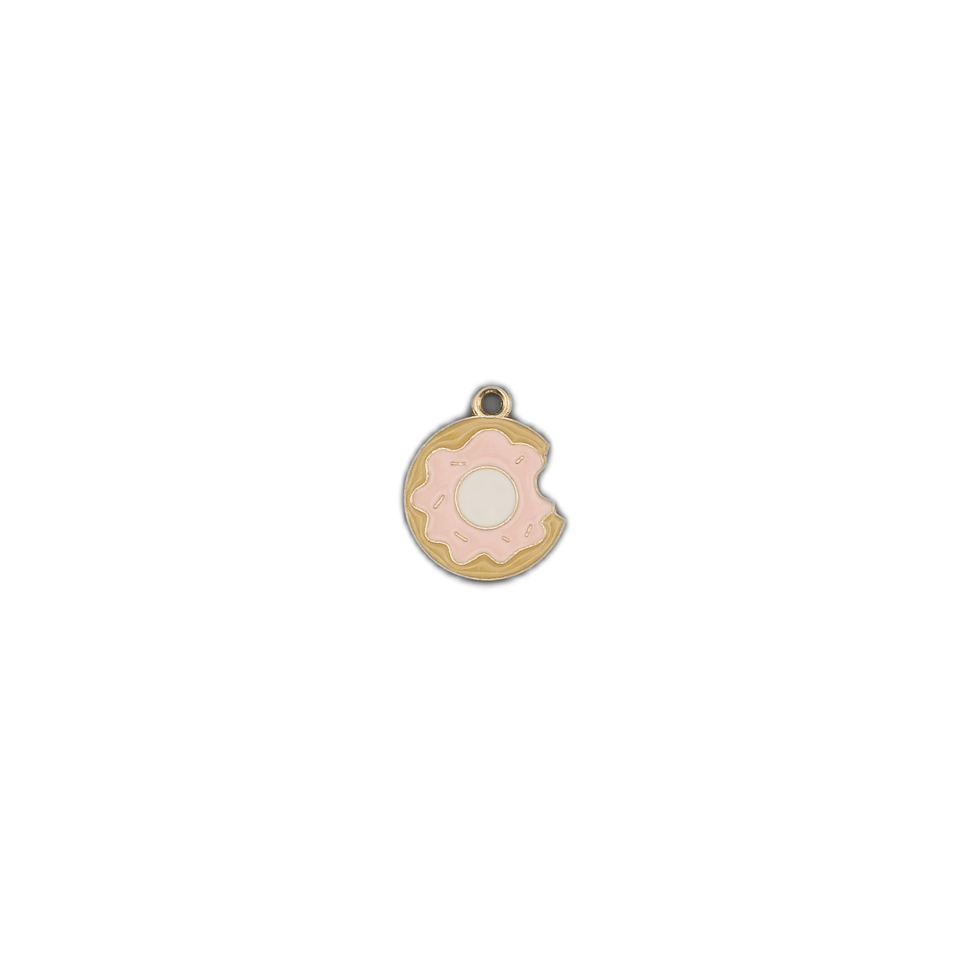 small pink-iced donut charm with a bite missing on a black background