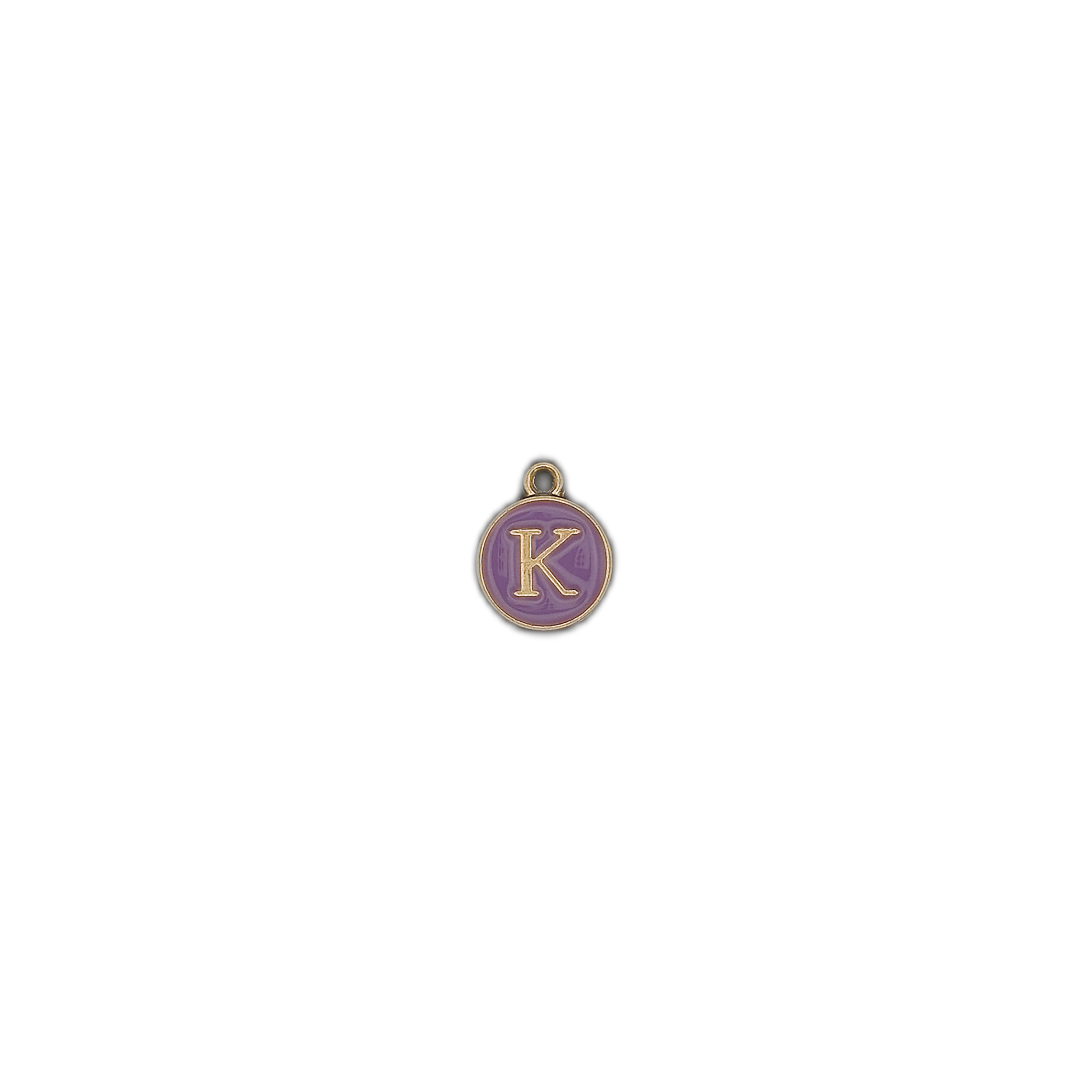 small round purple enamel letter K charm on black background