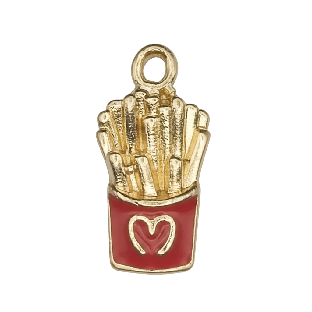 close-up of gold and red french fries charm with heart on carton