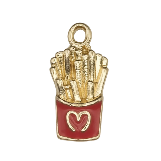 close-up of gold and red french fries charm with heart on carton