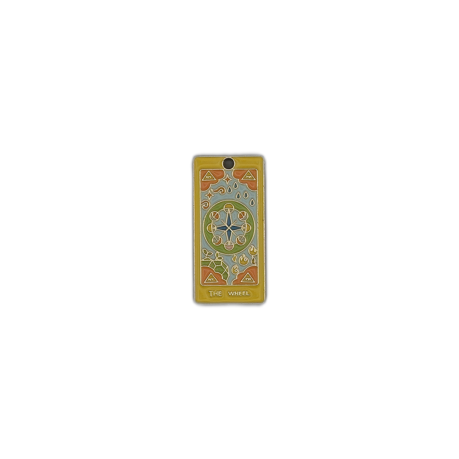 Full view of rectangular 'The Wheel' tarot card charm on a black background.