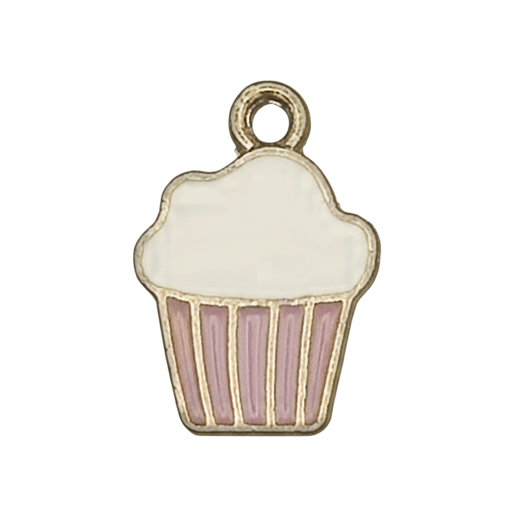 Close-up of a small cupcake charm with white frosting and a pink liner outlined in gold on a black background.