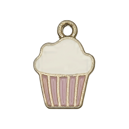 Close-up of a small cupcake charm with white frosting and a pink liner outlined in gold on a black background.