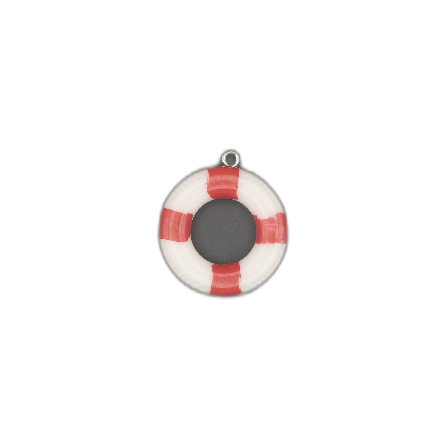 red and white lifebuoy charm, front view, centered on black background