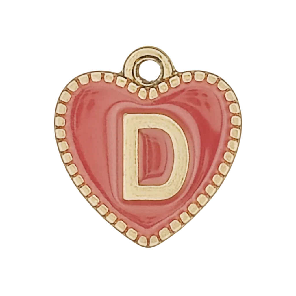 close-up of red heart-shaped charm with gold letter D