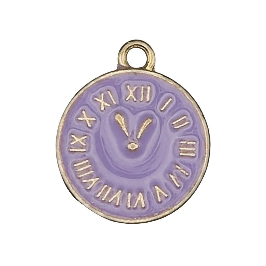 close-up of round purple enamel clock charm with gold Roman numerals and bunny center on black background