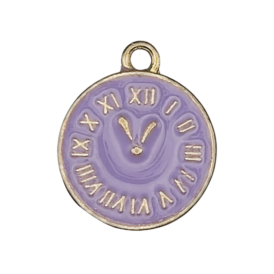close-up of round purple enamel clock charm with gold Roman numerals and bunny center on black background