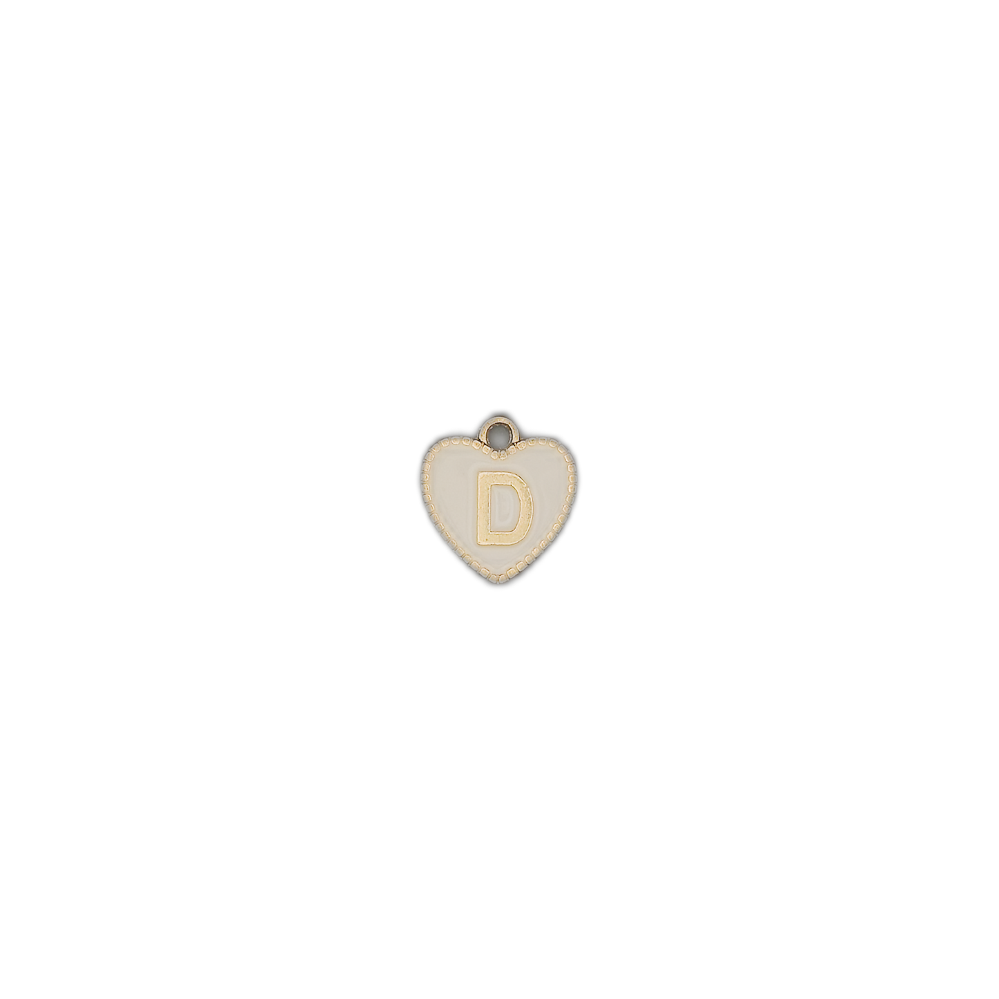 small heart-shaped letter D charm on a black background