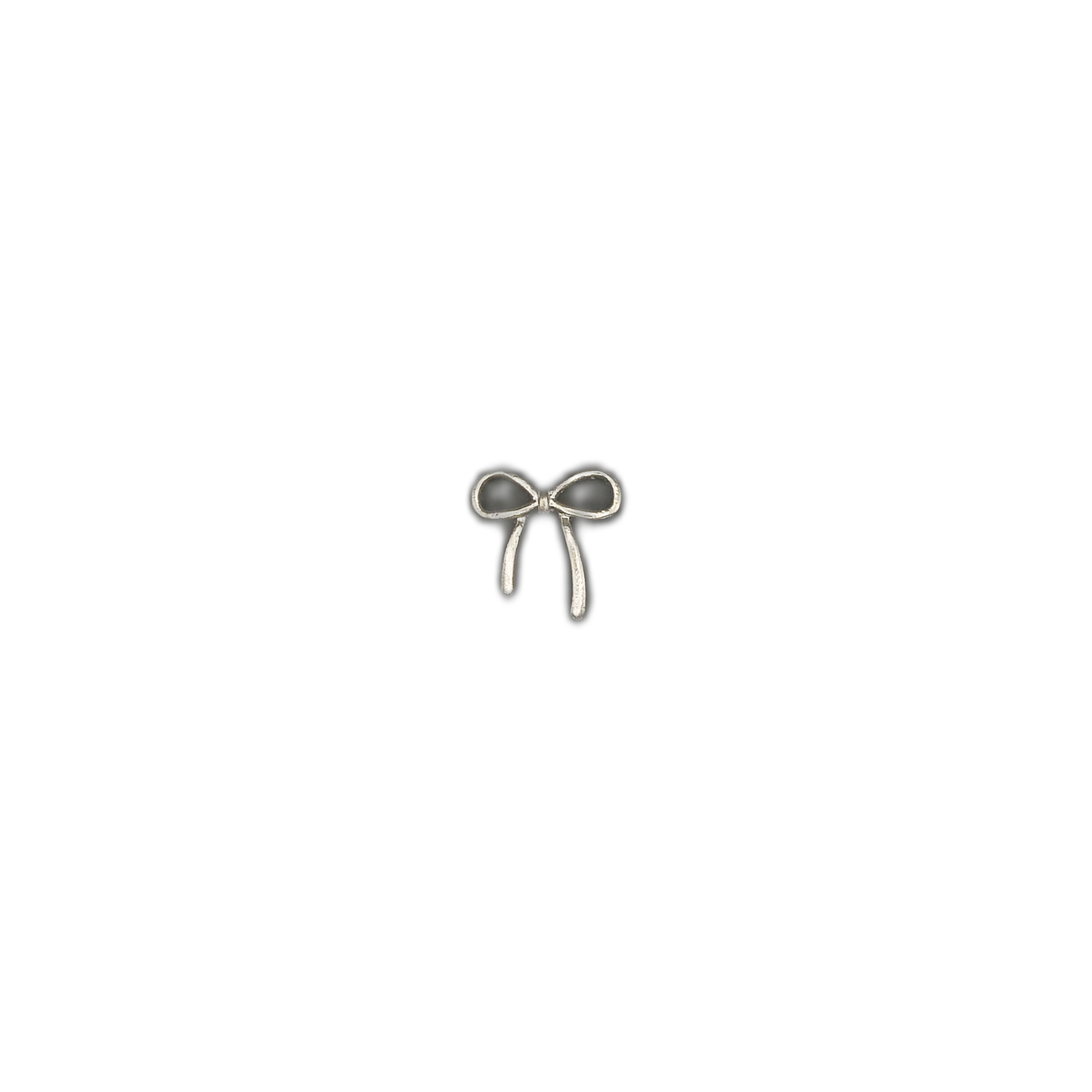 small silver ribbon bow charm centered on a black background
