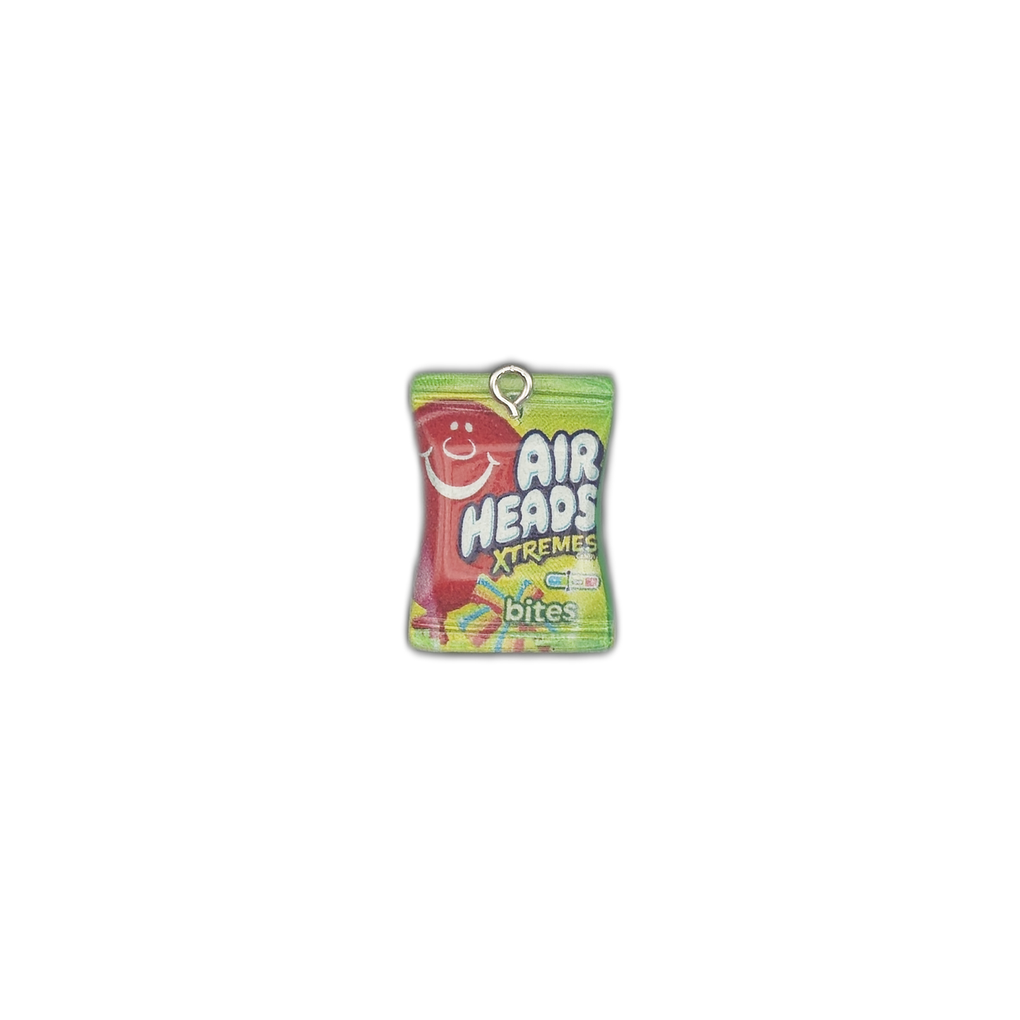 small green candy bag charm centered on a black background