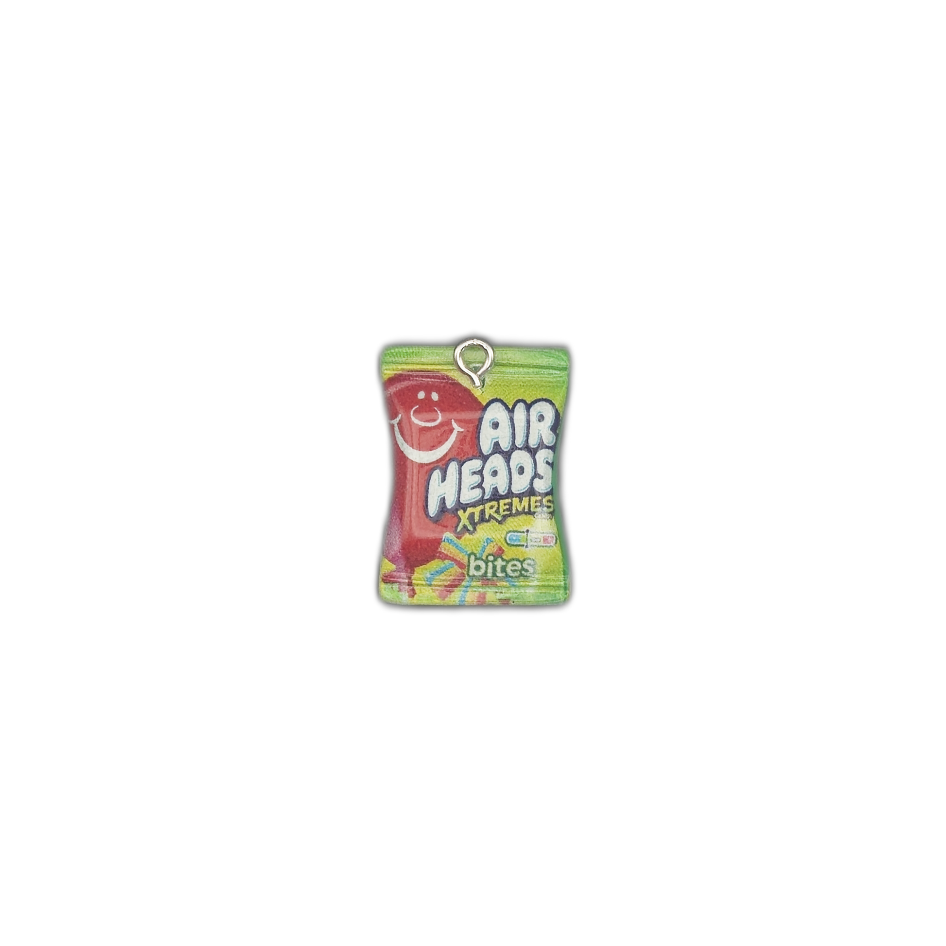 small green candy bag charm centered on a black background