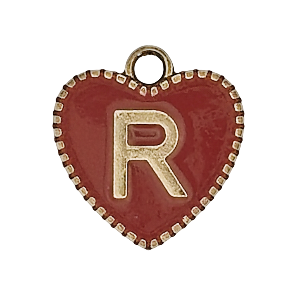close-up red heart charm with gold letter R and dotted border