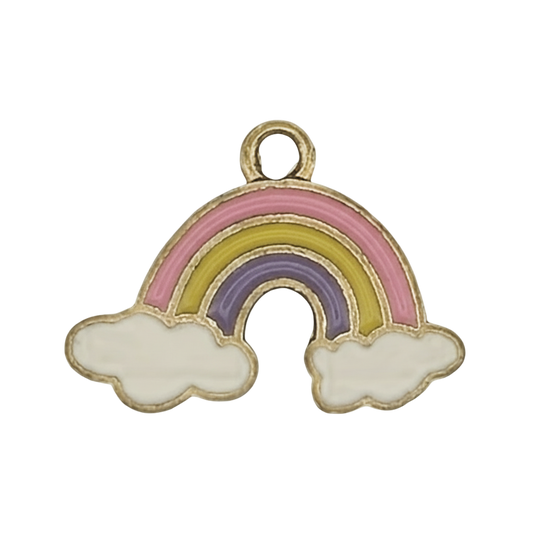 close-up of gold-tone enamel rainbow charm with white clouds on black background