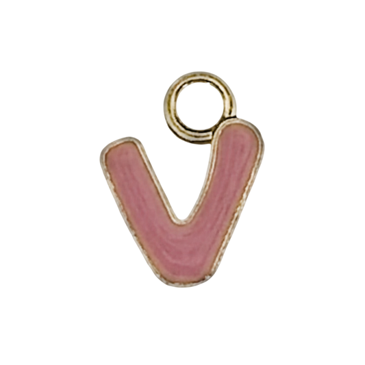 pink enamel lowercase v charm with gold outline