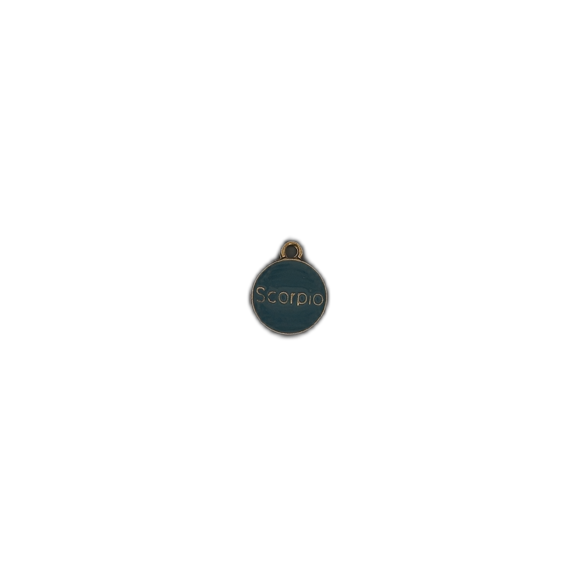 small teal round Scorpio charm centered on a black background
