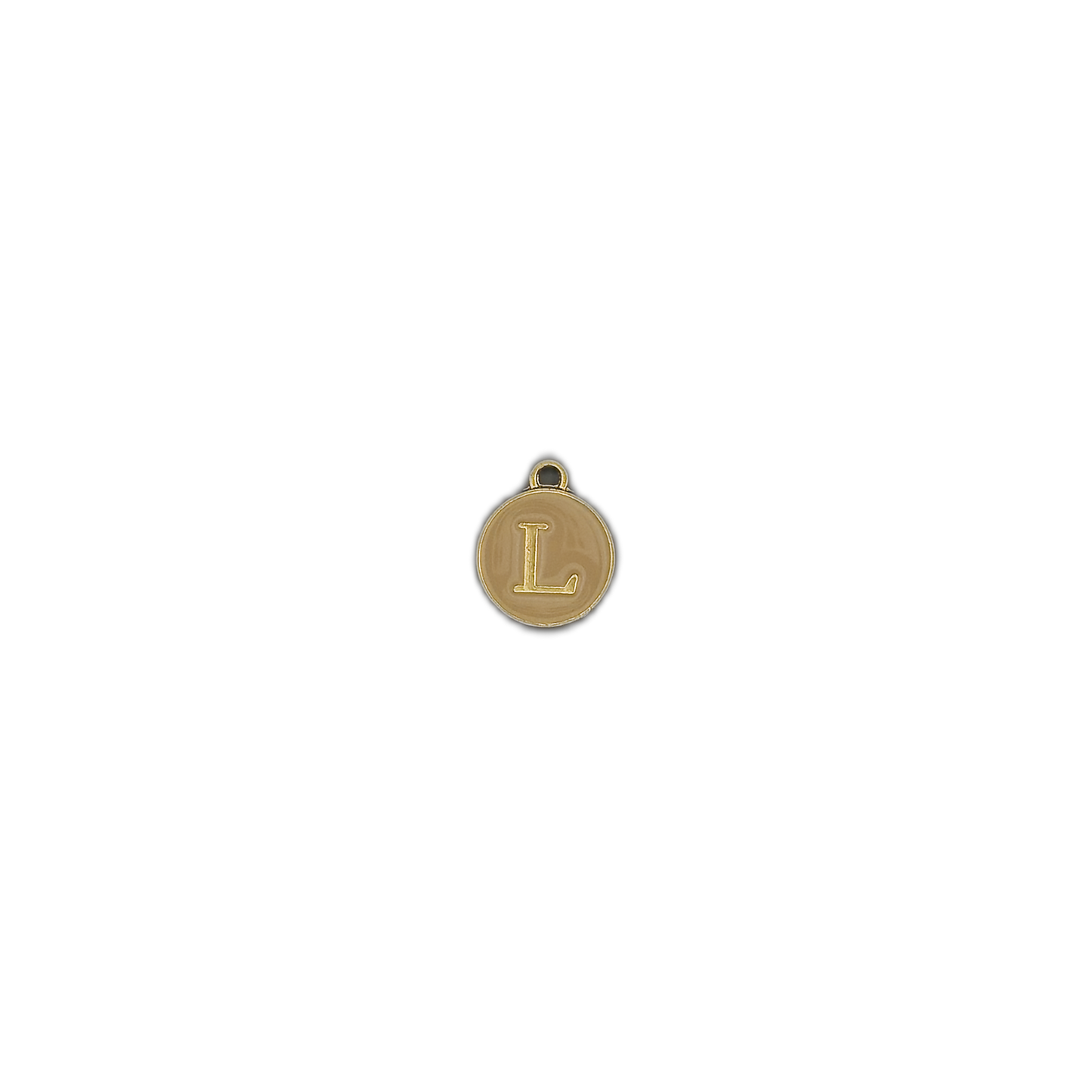 small round letter L disc charm on black background