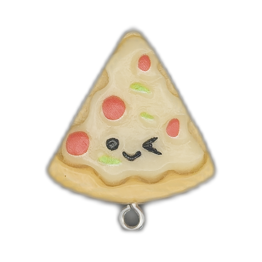 close-up of a pizza slice charm with a winking face and red and green toppings on a black background