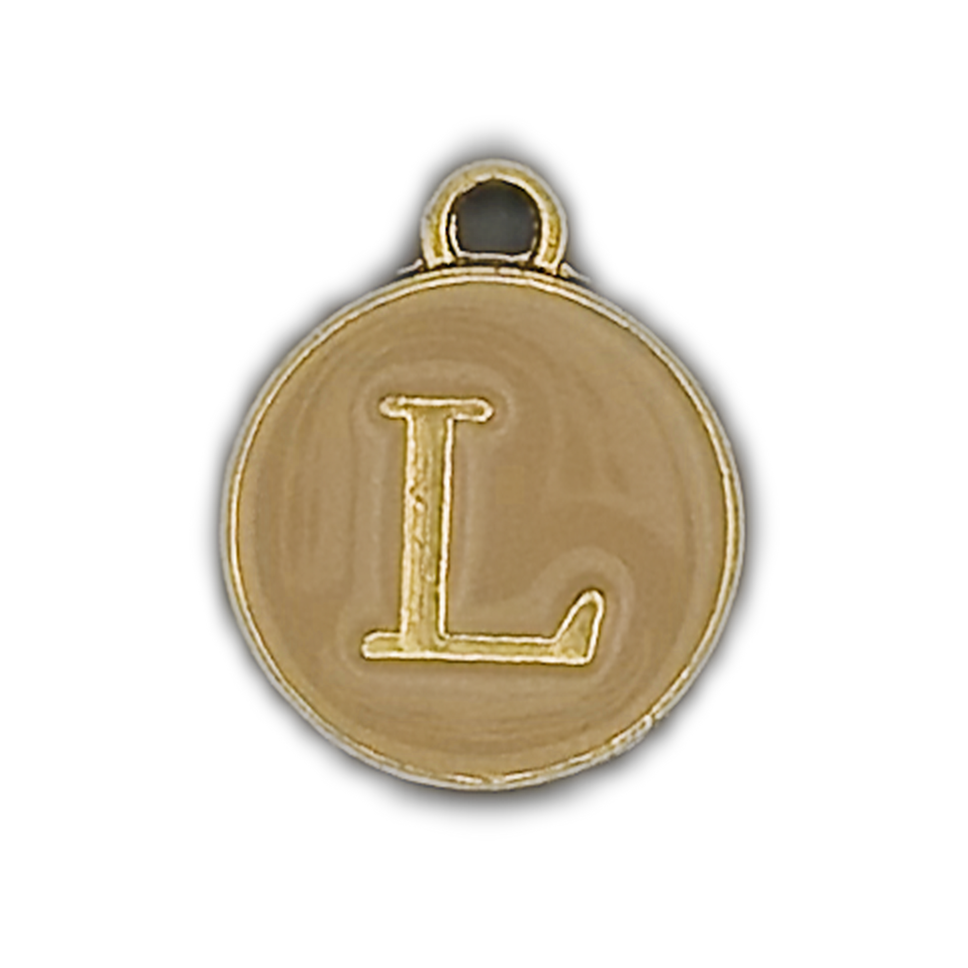 close-up of round disc charm with gold letter L on beige background