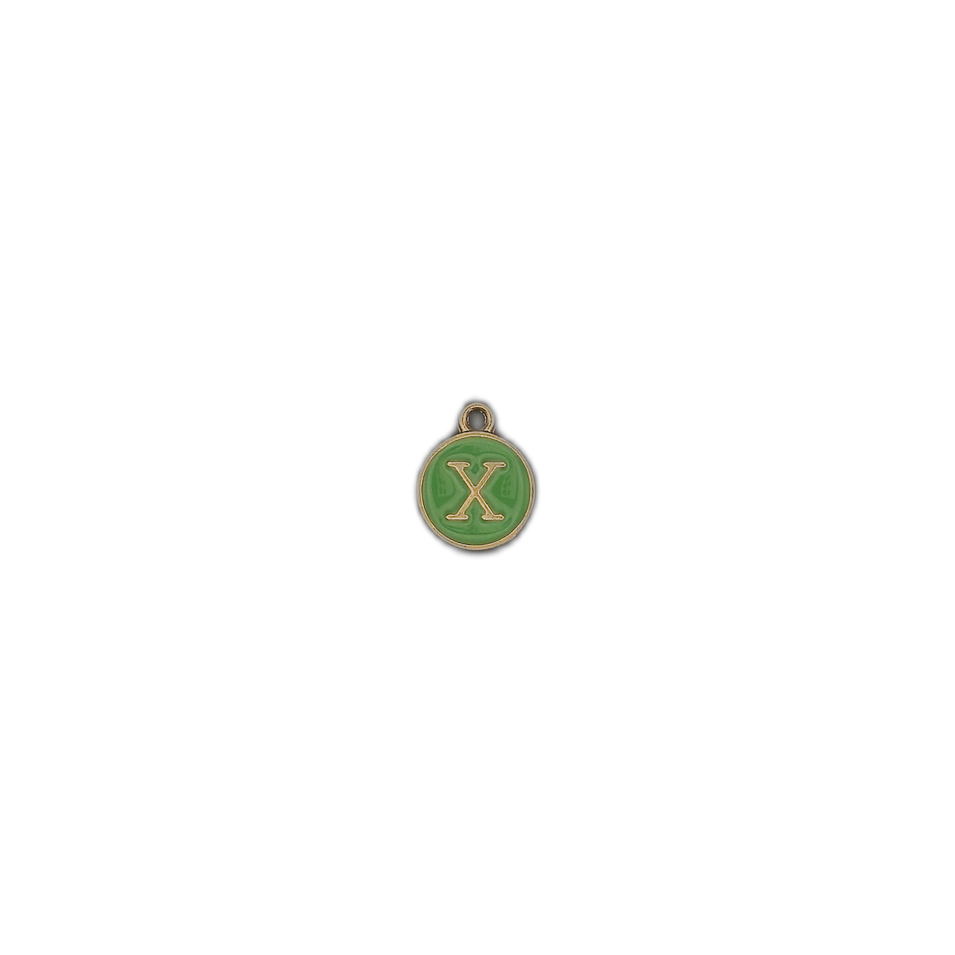 Small round green letter X charm centered on a black background.