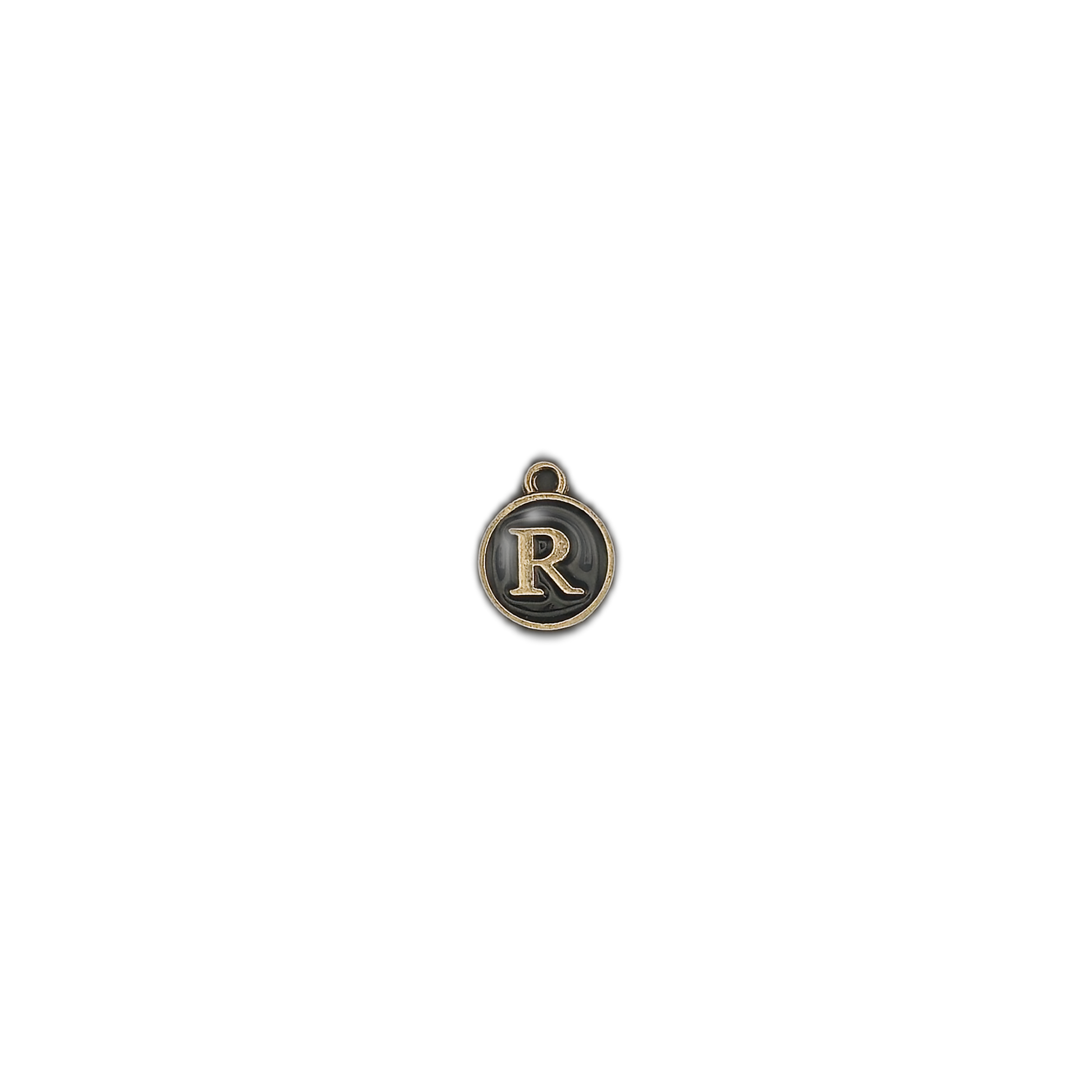 small round black enamel charm with gold letter R on black background