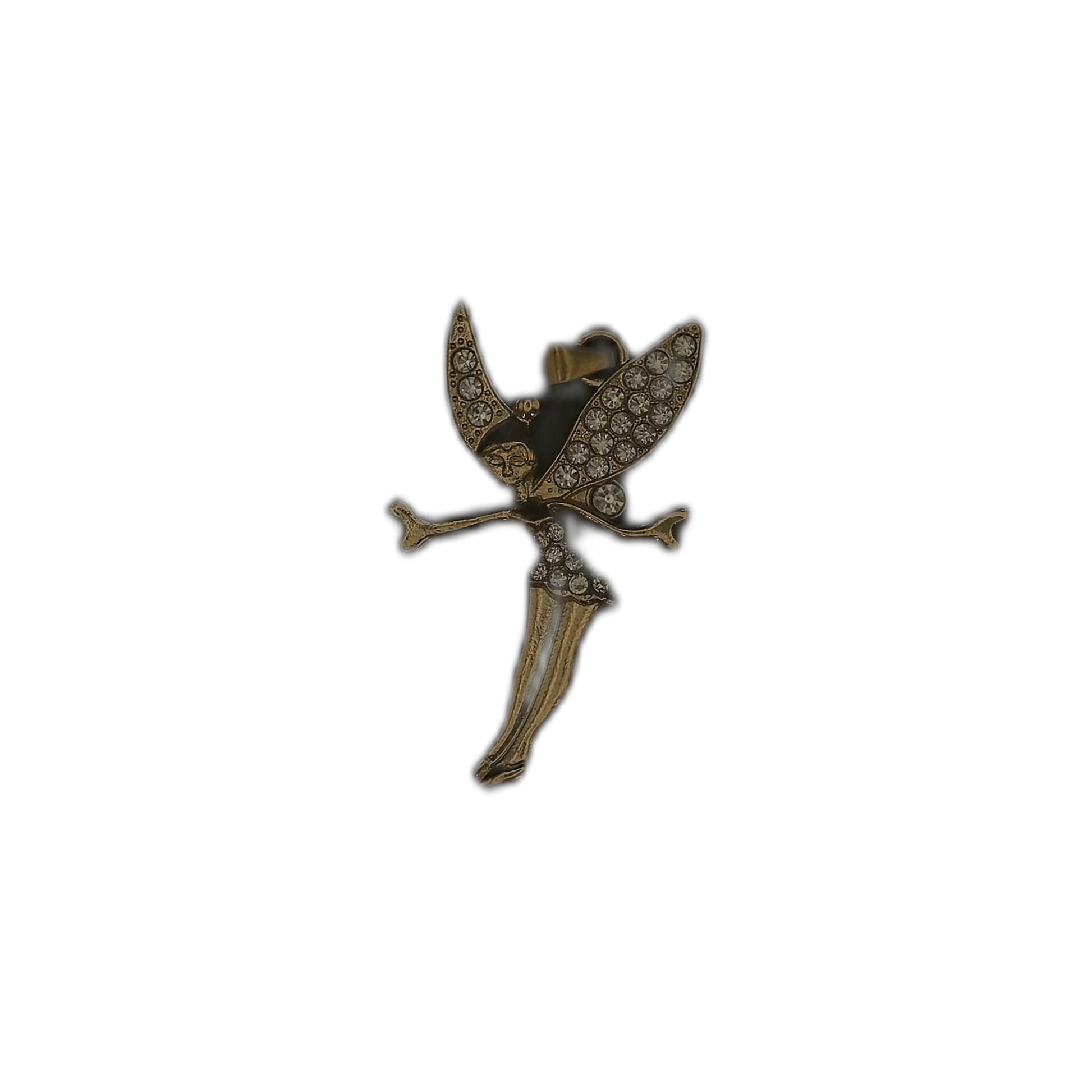 full view of gold-tone fairy pendant charm with rhinestone wings and skirt on black background