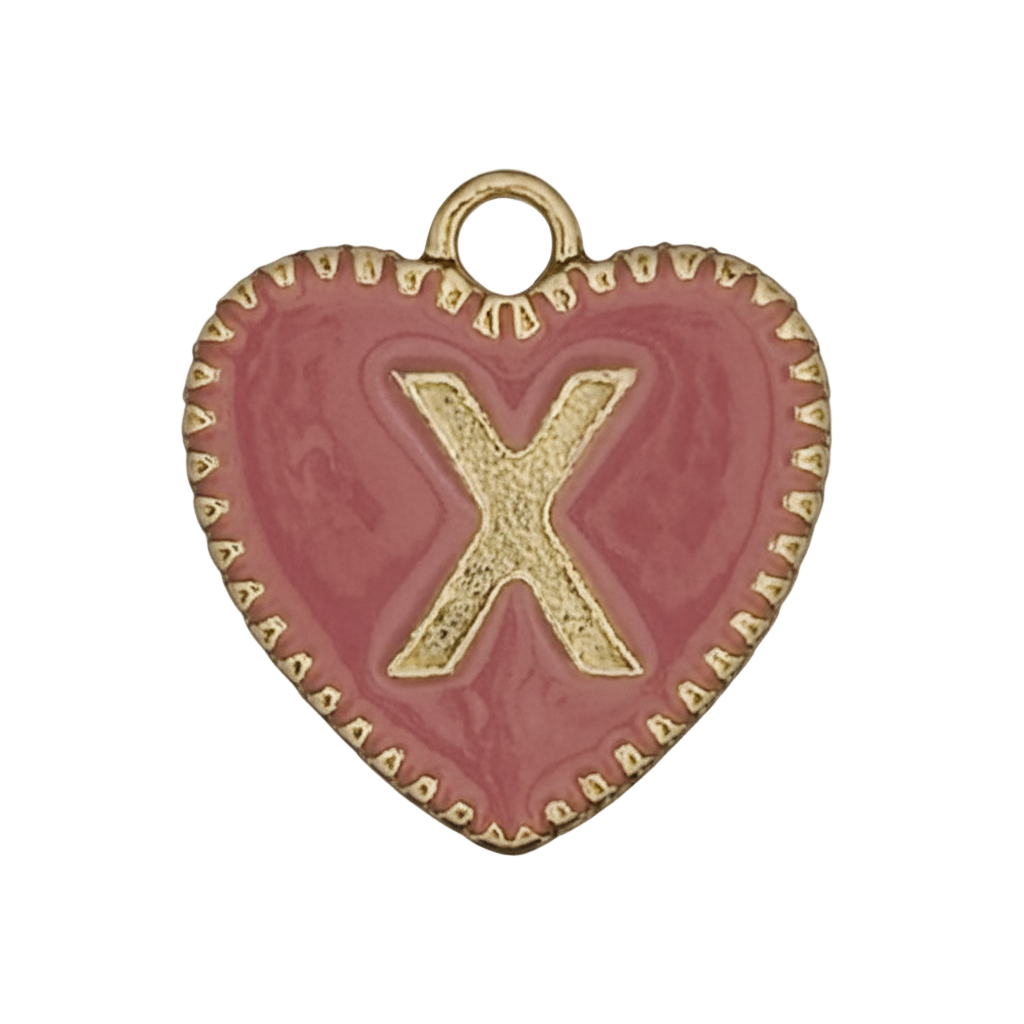close-up pink enamel heart charm with gold X