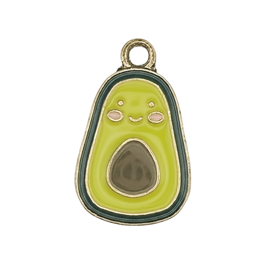 close-up of smiling avocado enamel charm with gold-tone outline