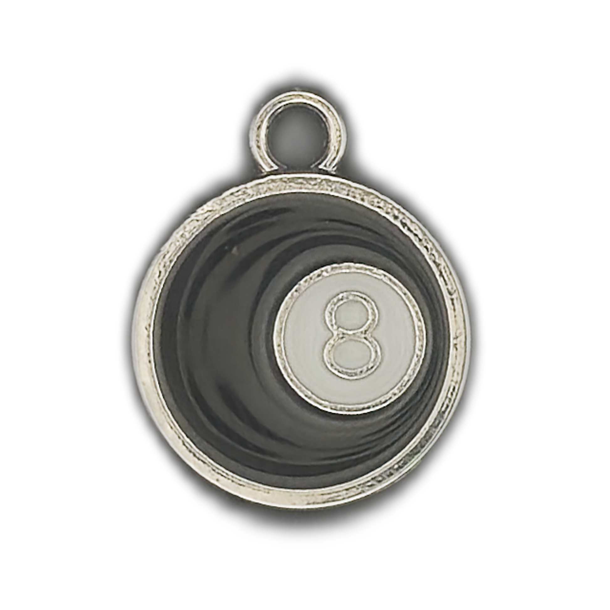 close-up of black eight ball charm with silver edge and white 8