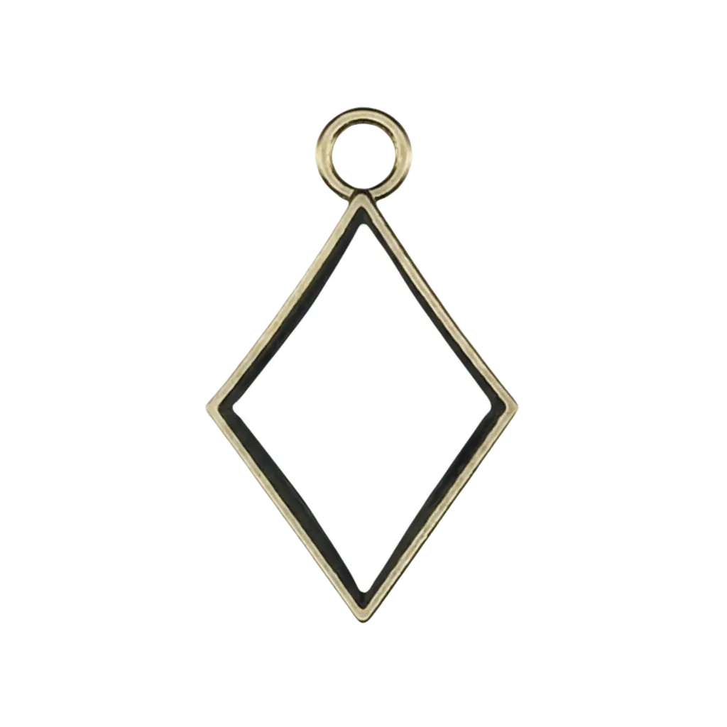 Close-up of a gold open diamond outline charm on a black background.